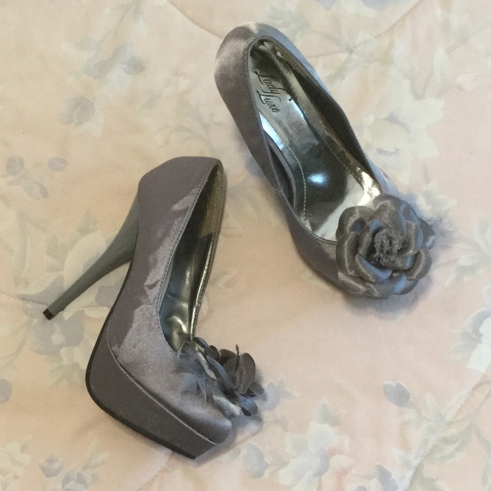 Lady Luxe Satin Gray Platform Heels